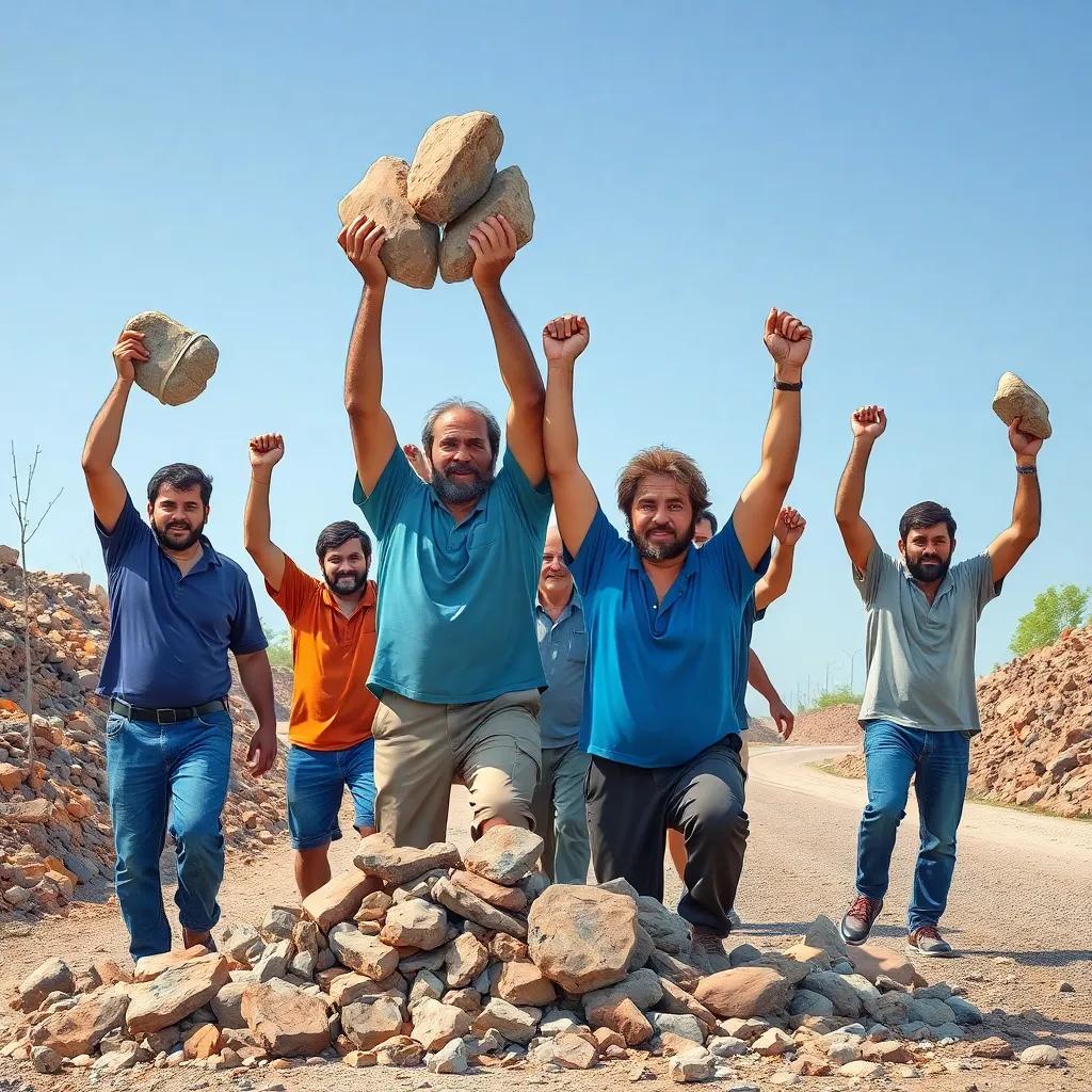 A group of men lifting stones and debris, determination on their faces, working together to clear the road, uplifting energy, teamwork, focused expressions, illustration, bright colors