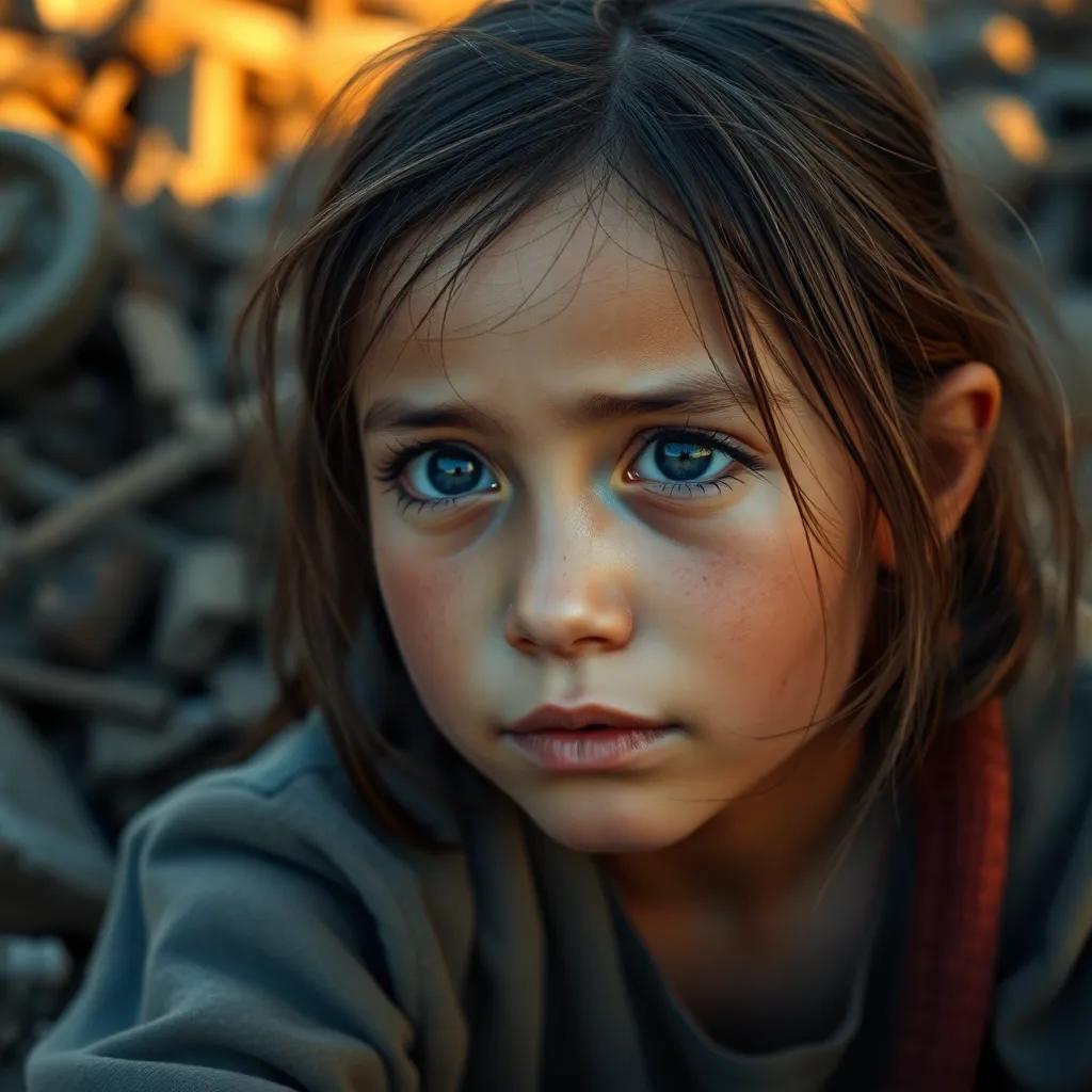 A girl searching for her family, tears in her eyes, debris around her, determination and hope, warm light, emotional tone, heartfelt scene