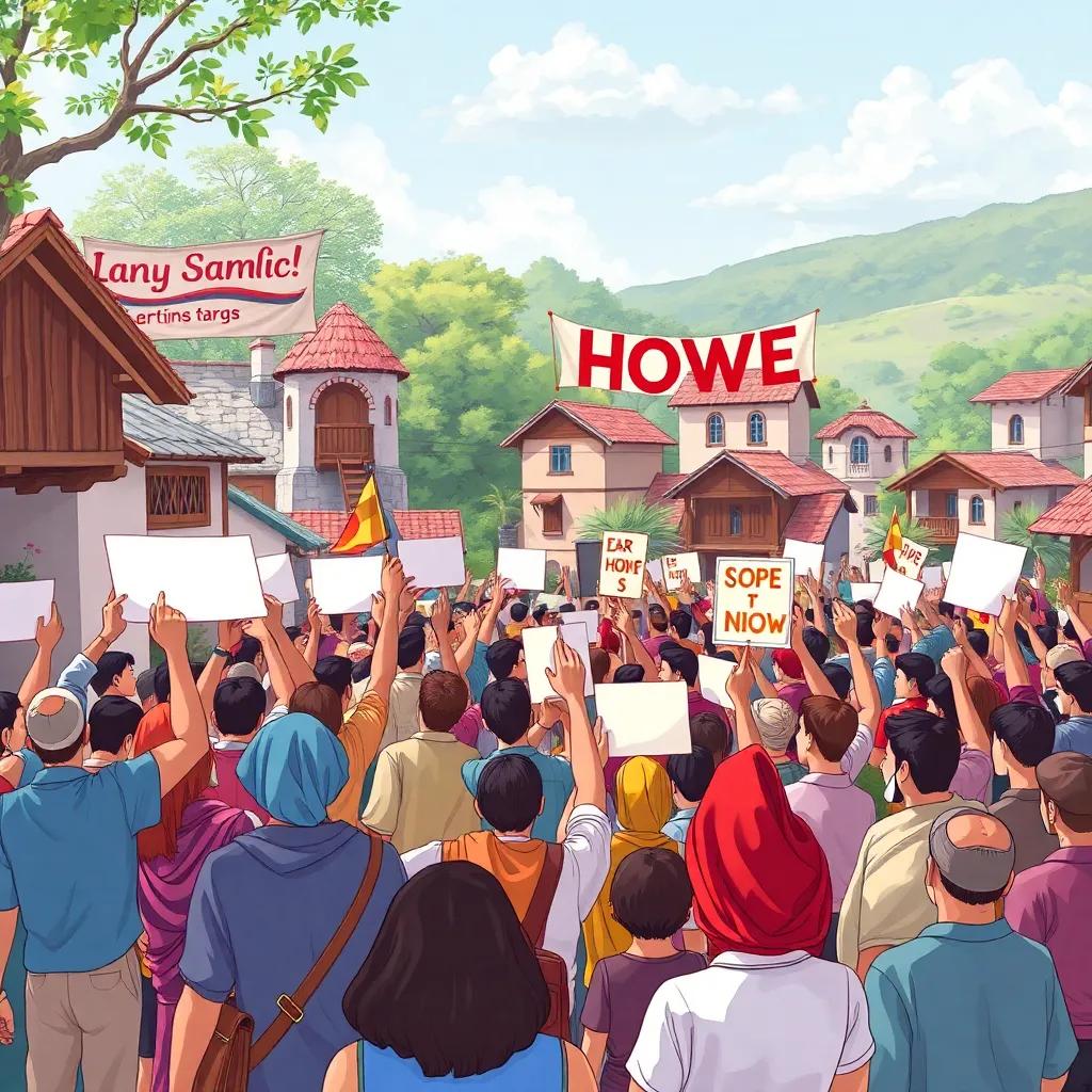 Villagers gathering in the square, united together, supportive expressions, signs of hope, banners in the air, colorful and vibrant, illustration