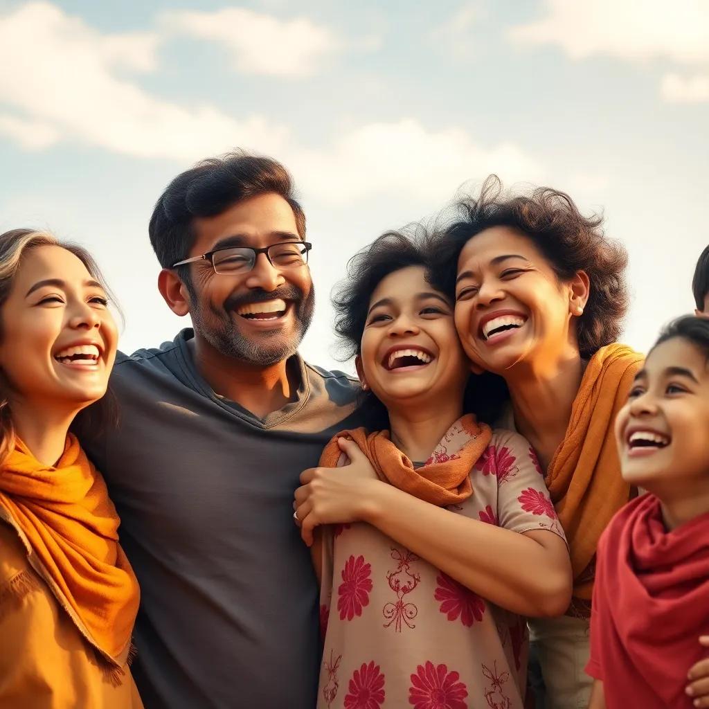 Emotional reunion of families, joy and relief in their expressions, a sense of community, smiles emerging under the clear sky, uplifting atmosphere, illustration, warm light