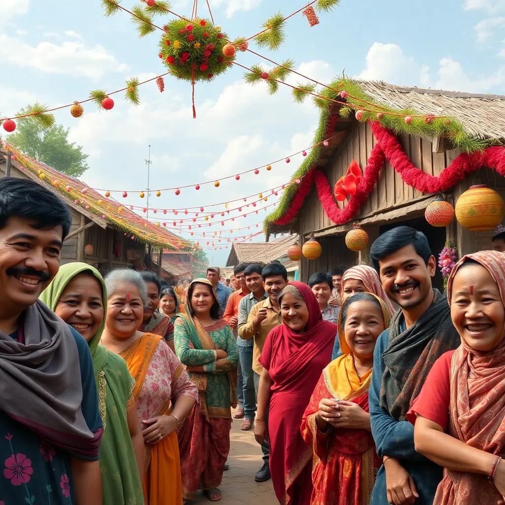 A celebration scene in the village after reconstruction, festive decorations, joy on every face, families together, vibrant and lively atmosphere, digital painting
