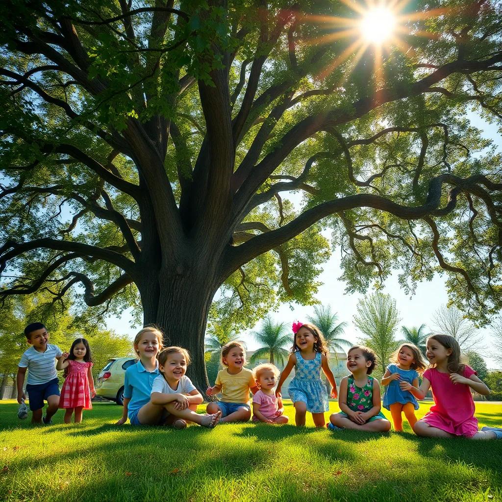 Children playing under a big tree, laughter in the air, families enjoying the day, peaceful vibe, sun shining, bright colors, heartwarming scene
