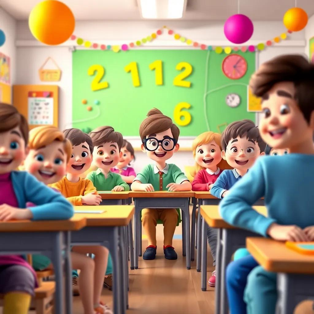 A colorful classroom filled with happy children, sitting at their desks, eager to learn numbers, smiling faces, a creative teacher wearing glasses, bright decorations, cheerful, vibrant colors, digital art, engaging atmosphere, high quality