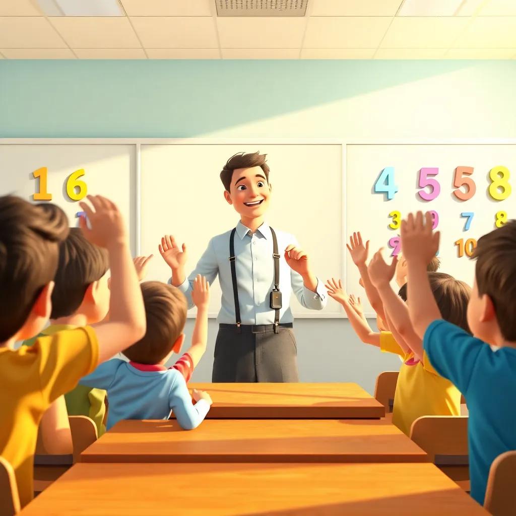 The teacher in a bright classroom, smiling at his students, as they joyfully count numbers together, children raising their hands excitedly, colorful letters and numbers on the walls, warm light, inviting, illustration, child-friendly, detailed