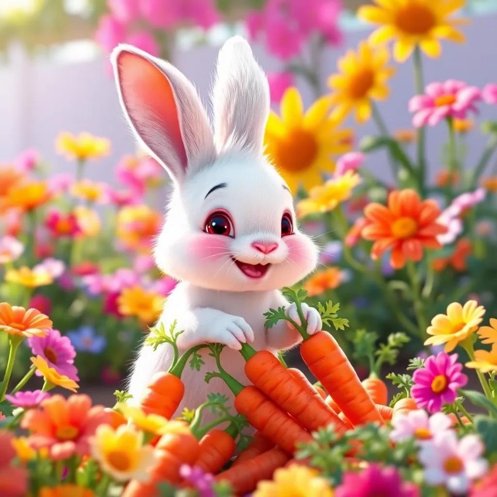 A small rabbit named Arnoob, with fluffy white fur and big ears, happily picking carrots in a colorful garden, bright and sunny with vibrant flowers, digital art, cheerful atmosphere, warm colors, high quality