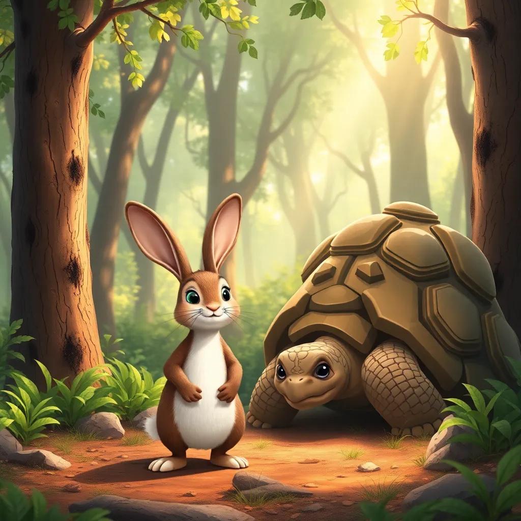 Arnoob the rabbit, standing in front of an old tortoise, who is wise and kind, in a magical forest with sunlight filtering through the trees, illustration, enchanting, child-friendly, high quality