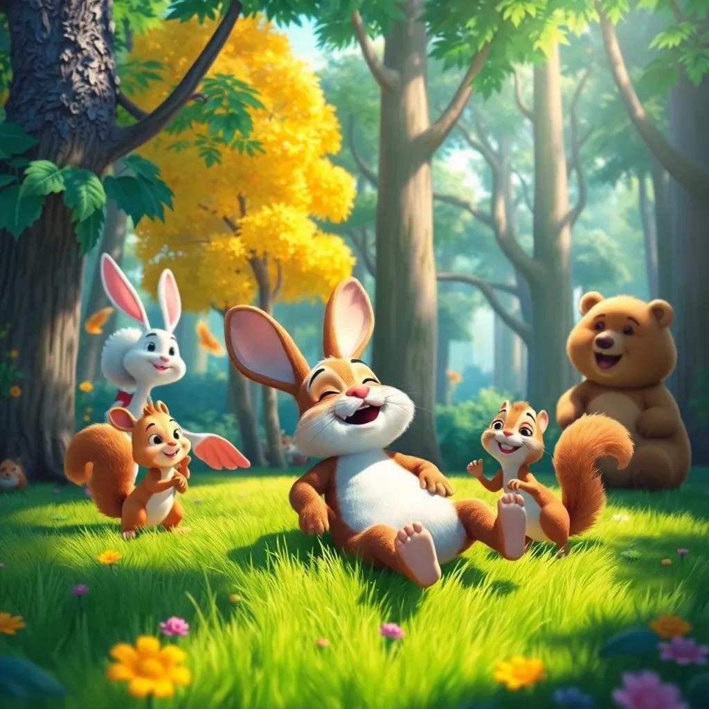 A vibrant forest with various animals playing in the sunshine, including a lazy rabbit named Arnoob, who looks relaxed on the grass while his friends, a squirrel and a bear, look energetic and happy, digital painting, bright colors, joyful atmosphere, high quality