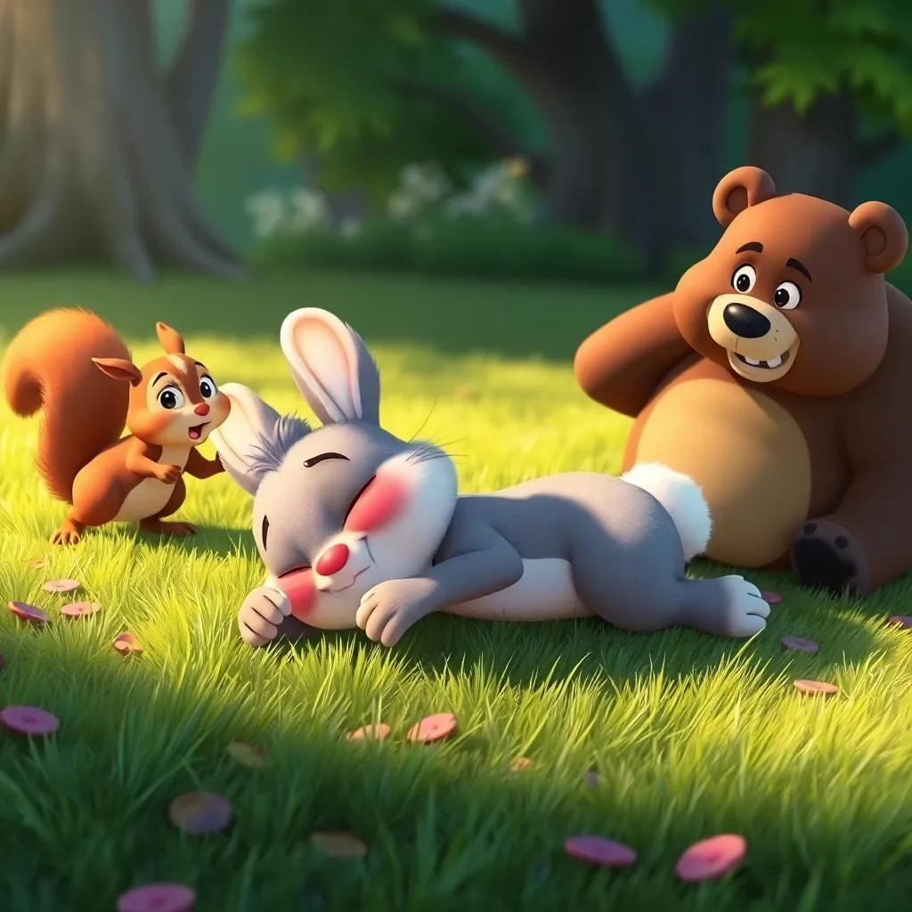 Arnoob, the lazy rabbit, lying on the grass, pretending to be hurt, while his friends, a squirrel and a bear, look worried and rush to help him, cartoon style, warm light, colorful, inviting scene