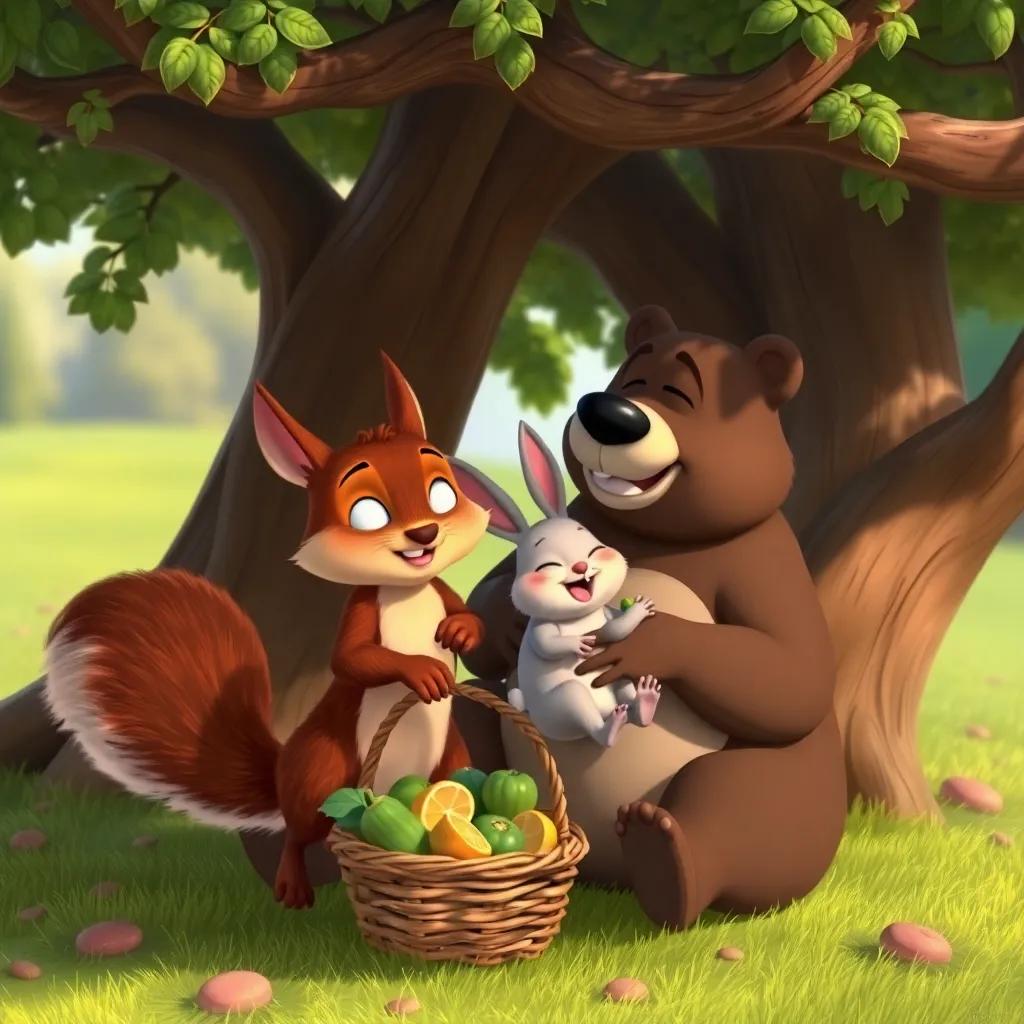 The squirrel and bear carrying Arnoob, the lazy rabbit, under the shade of a tree, with a basket of food beside them, cheerful and caring expressions, digital art, warm and nurturing atmosphere, vibrant colors