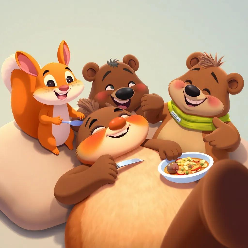 Arnoob enjoying food while lying down, looking relaxed, while his friends, the squirrel and bear, serve him with friendly smiles, cartoonish style, bright colors, happy and friendly scene