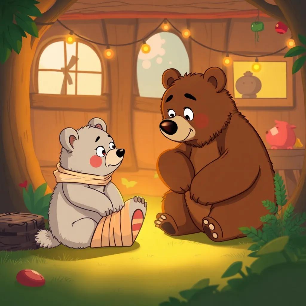 The bear looking curiously at Arnoob's wrapped foot, while Arnoob appears nervous, in a cozy forest home setting, charming illustration, warm colors, inviting atmosphere