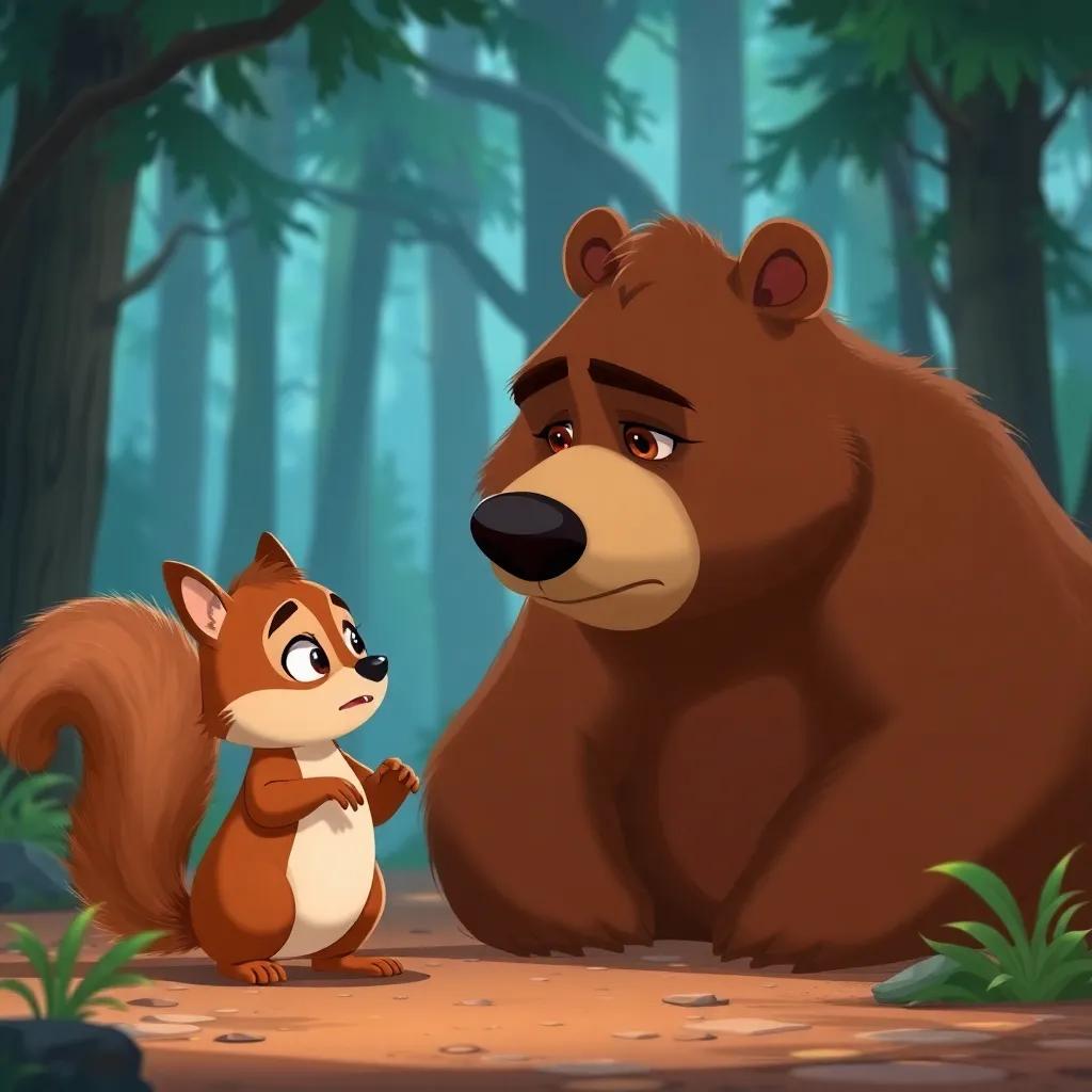 Squirrel and bear looking at each other with concern, with Arnoob in the background feigning injury, the forest surrounding them in a calm but tense atmosphere, child-friendly art style, colorful and engaging