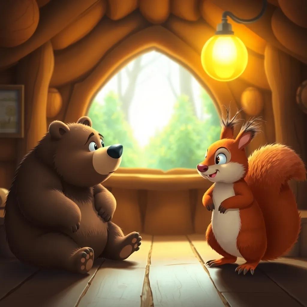 The bear and squirrel discussing their suspicions about Arnoob's true condition in a cozy cabin, warm light, animated art style, vivid expressions