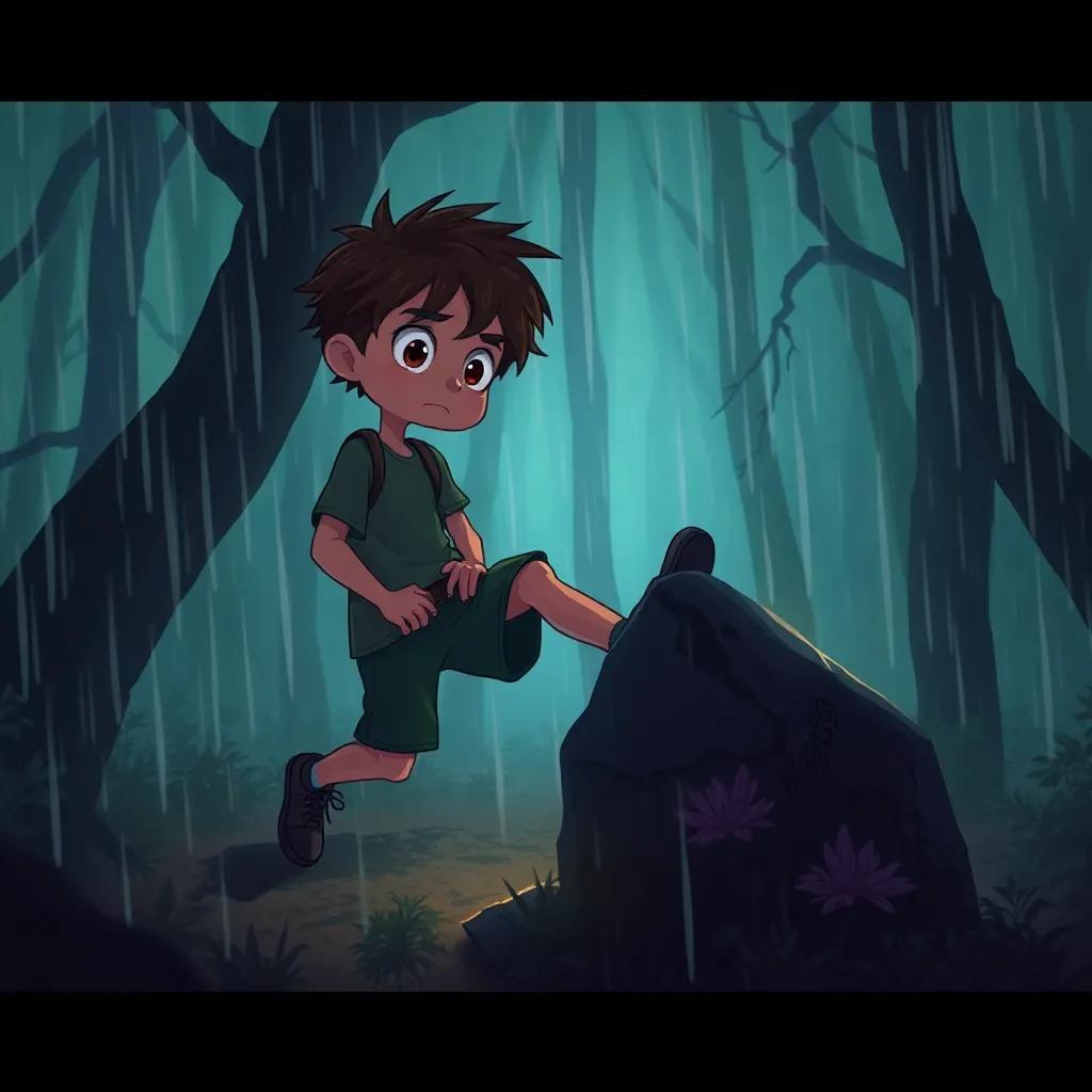 Arnoob alone in the forest, tripping over a rock and hurting his leg, rain pouring down, looking scared and isolated, dramatic illustration, deep colors, dark and intense atmosphere