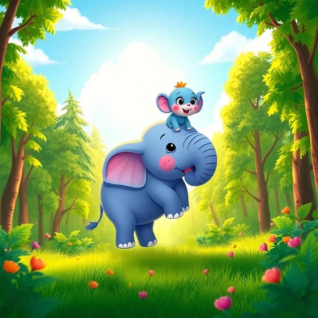 A kind elephant finding Arnoob in the forest, lifting him gently on its back, with a bright and hopeful sky above, cheerful and friendly style, vibrant colors, heartwarming scene