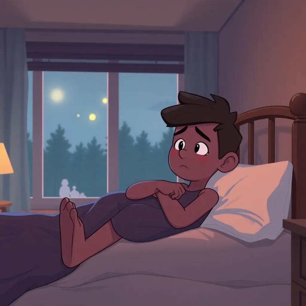 Arnoob sitting in bed, looking sad and lonely, with his friends outside, illustrating his feelings of regret and loneliness, warm colors, reflective atmosphere, emotional art