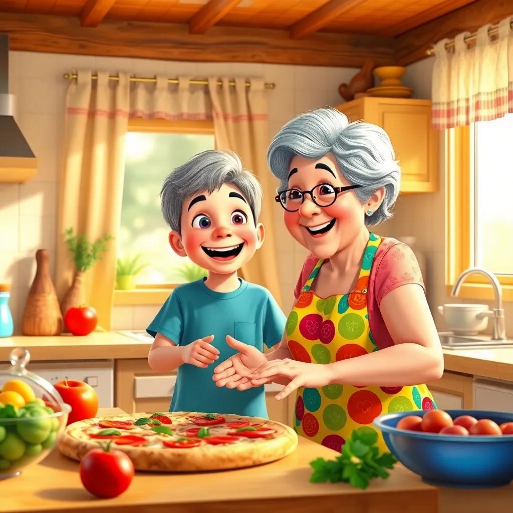A sunny kitchen scene with a young boy excitedly helping his grandmother, who has gray hair and is wearing a colorful apron, with ingredients for pizza, colorful, warm light, cheerful atmosphere, high quality
