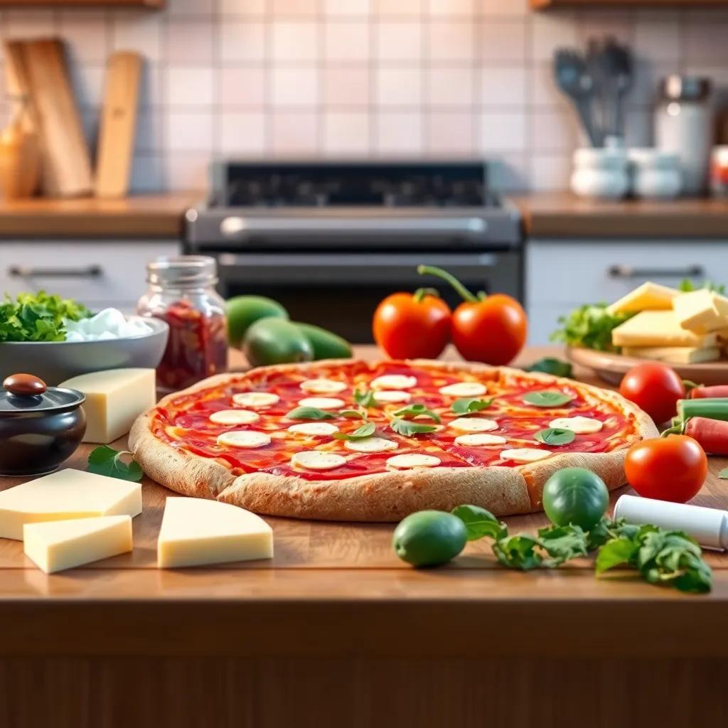 An array of fresh pizza ingredients laid out on a kitchen counter, including cheese, tomato sauce, and fresh vegetables, inviting and vibrant, digital art, clear colors, detailed view, high quality
