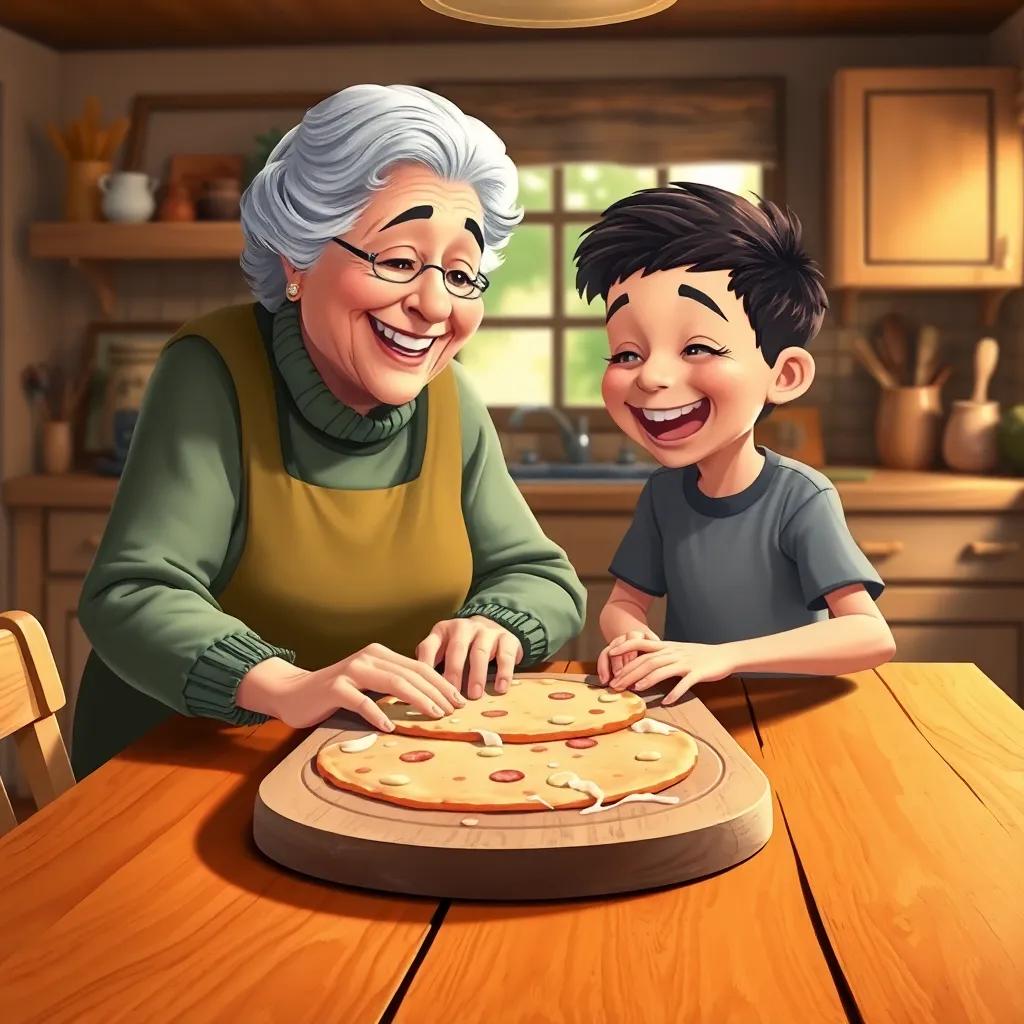 The grandmother is helping the boy knead pizza dough on a large wooden table, both smiling and laughing, cozy kitchen setting, warm colors, homey atmosphere, digital painting, charming and friendly