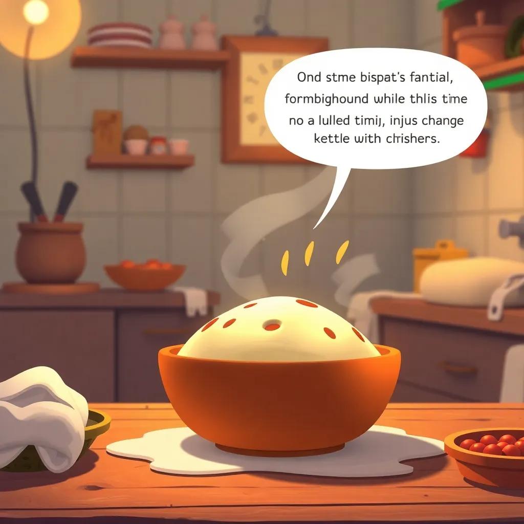 An animated scene of the pizza dough rising in a bowl, with the grandmother sharing stories about her childhood, warm kitchen, nostalgic feeling, detailed illustration, high quality