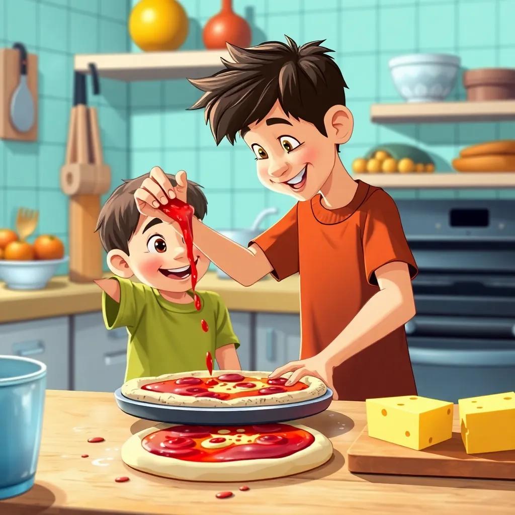 The boy is spreading tomato sauce on the pizza dough, with cheese ready next to him, both engaged and having fun, lively kitchen scene, bright colors, cheerful vibe, digital artwork, high quality