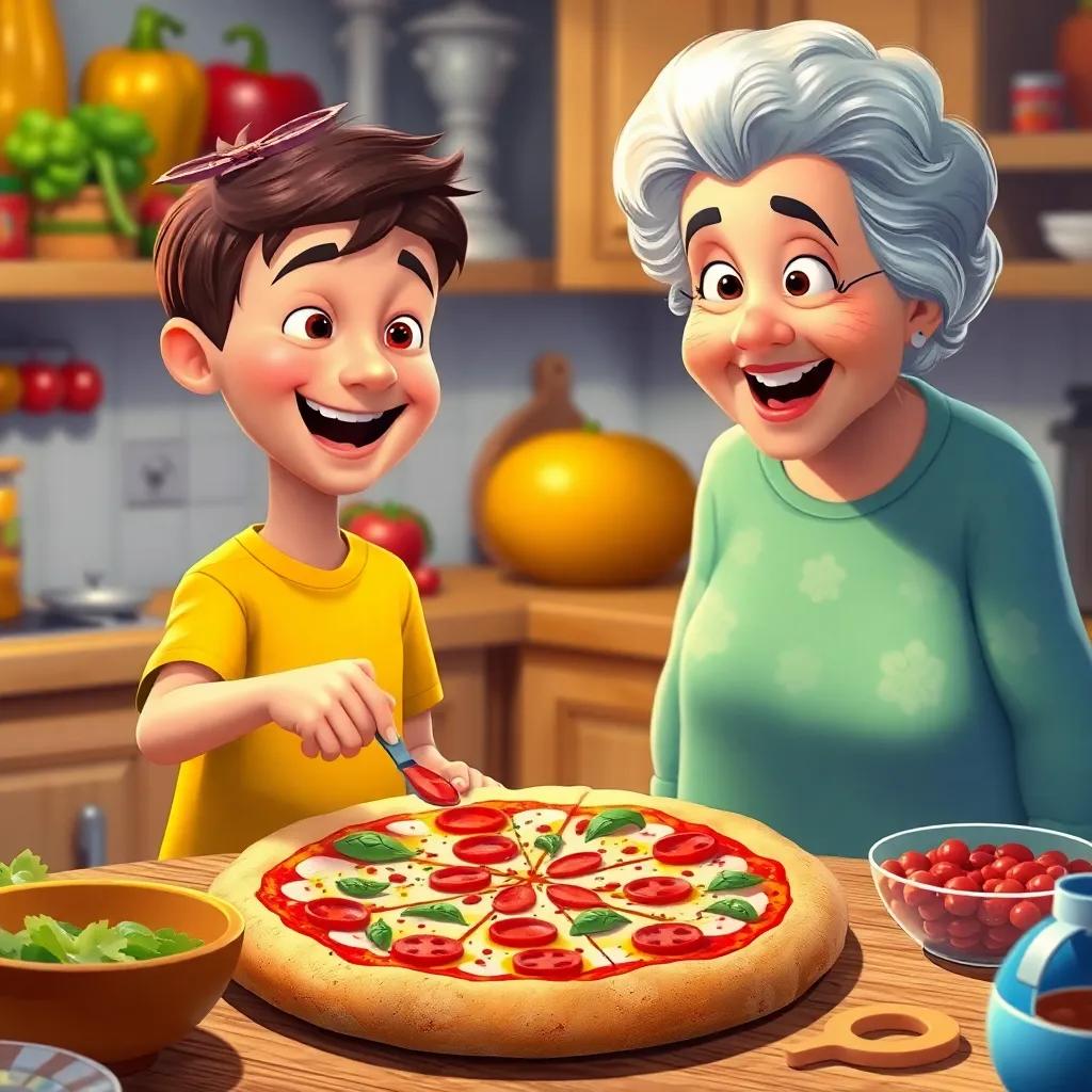 The boy and grandmother are adding toppings to the pizza, excitement in their expressions, kitchen filled with pizza ingredients, vibrant scene, joyful atmosphere