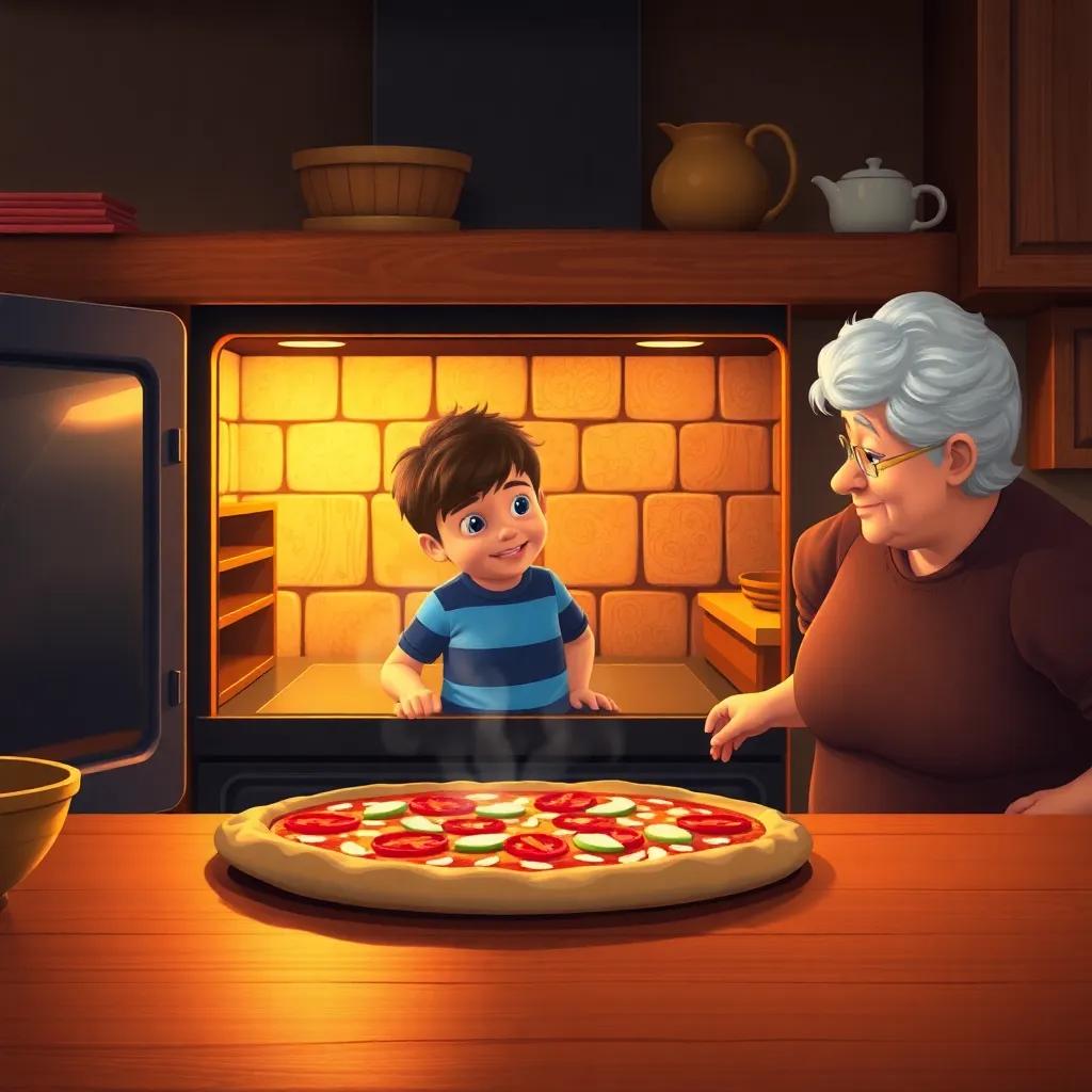 The pizza is placed in the oven, filling the kitchen with delicious aromas, the boy and grandmother looking on with anticipation, warm lighting, cozy kitchen, detailed view, high quality