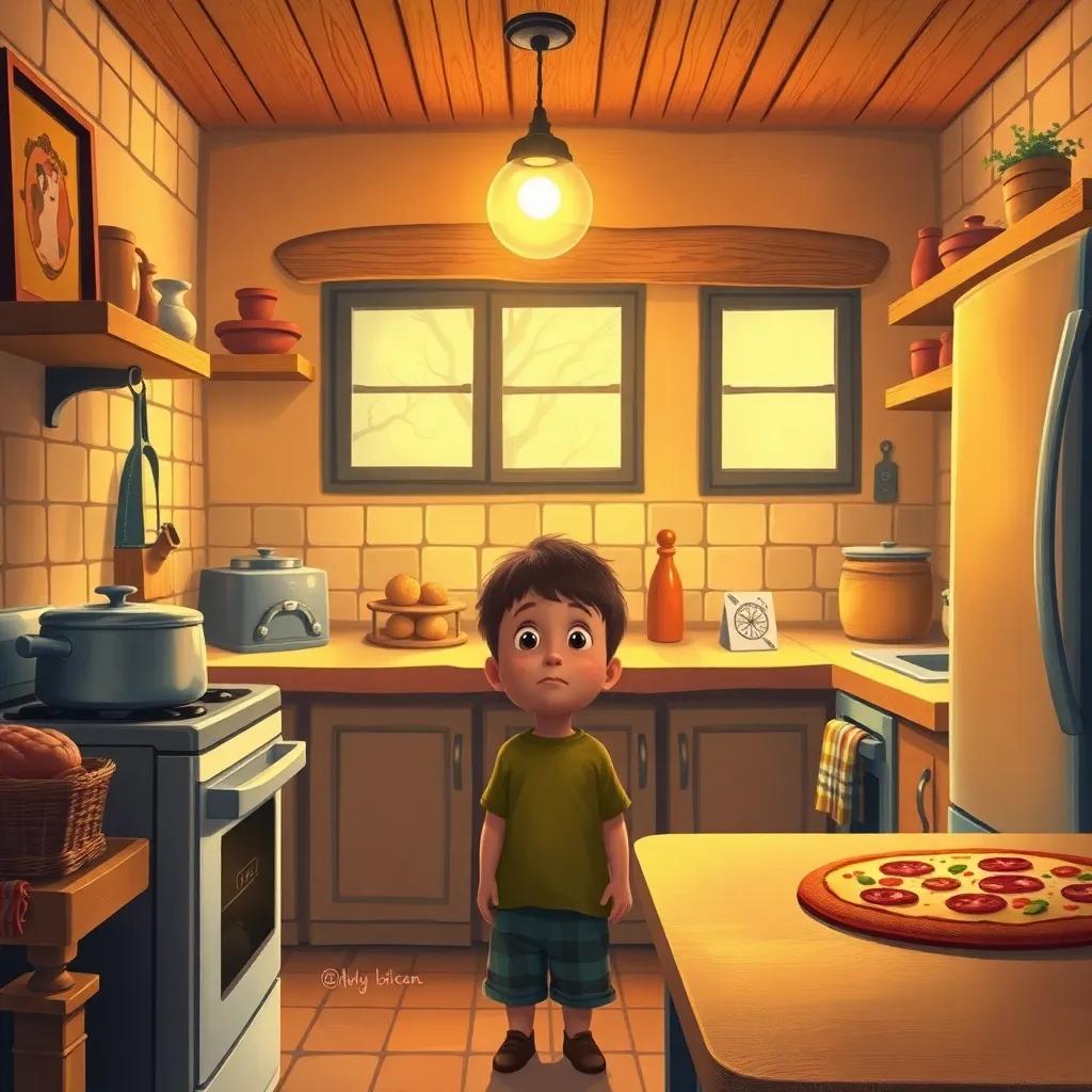An inviting kitchen filled with the warm smell of pizza baking, the boy looking excited and waiting, detailed painting, rich colors, comforting feel, high quality