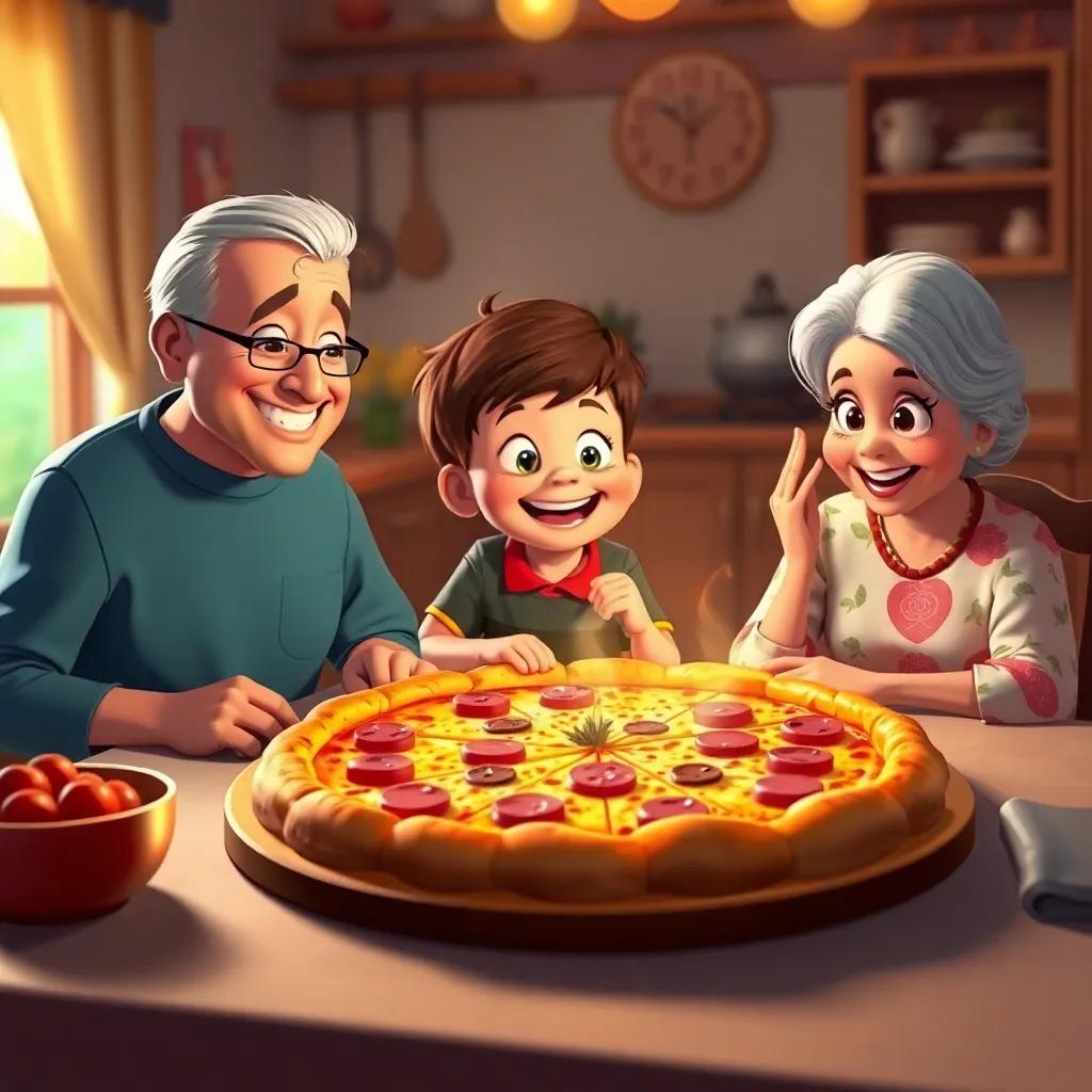 The finished golden pizza on a table, the boy and grandmother smiling as they prepare to eat it, family gathered around, warm colors, happy ambiance, digital art, high quality