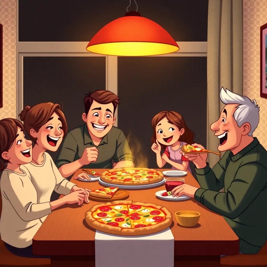 The family sitting at the dinner table, enjoying the freshly made pizza, laughter and joy on their faces, warm lighting, cozy atmosphere, vibrant illustration, high quality