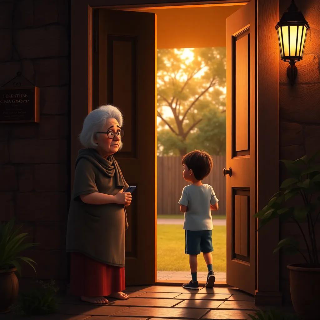 A worried grandmother at the door, watching her grandson Osama leave to play football with friends, digital art, warm evening light, inviting atmosphere, detailed, high quality
