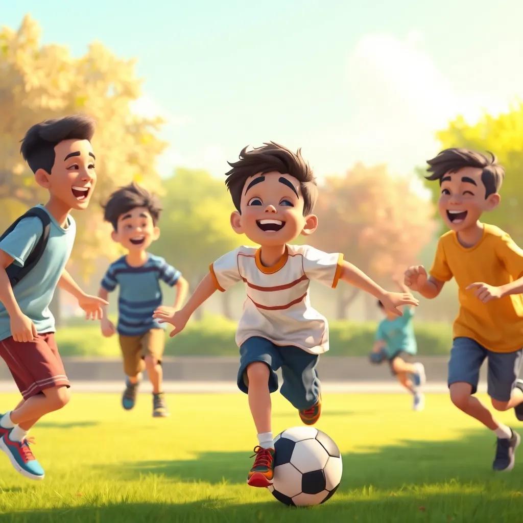 Osama, a young Arab boy, playing football with his friends in a sunny park, laughter in the air, vibrant colors, action-packed scene, cheerful, digital painting