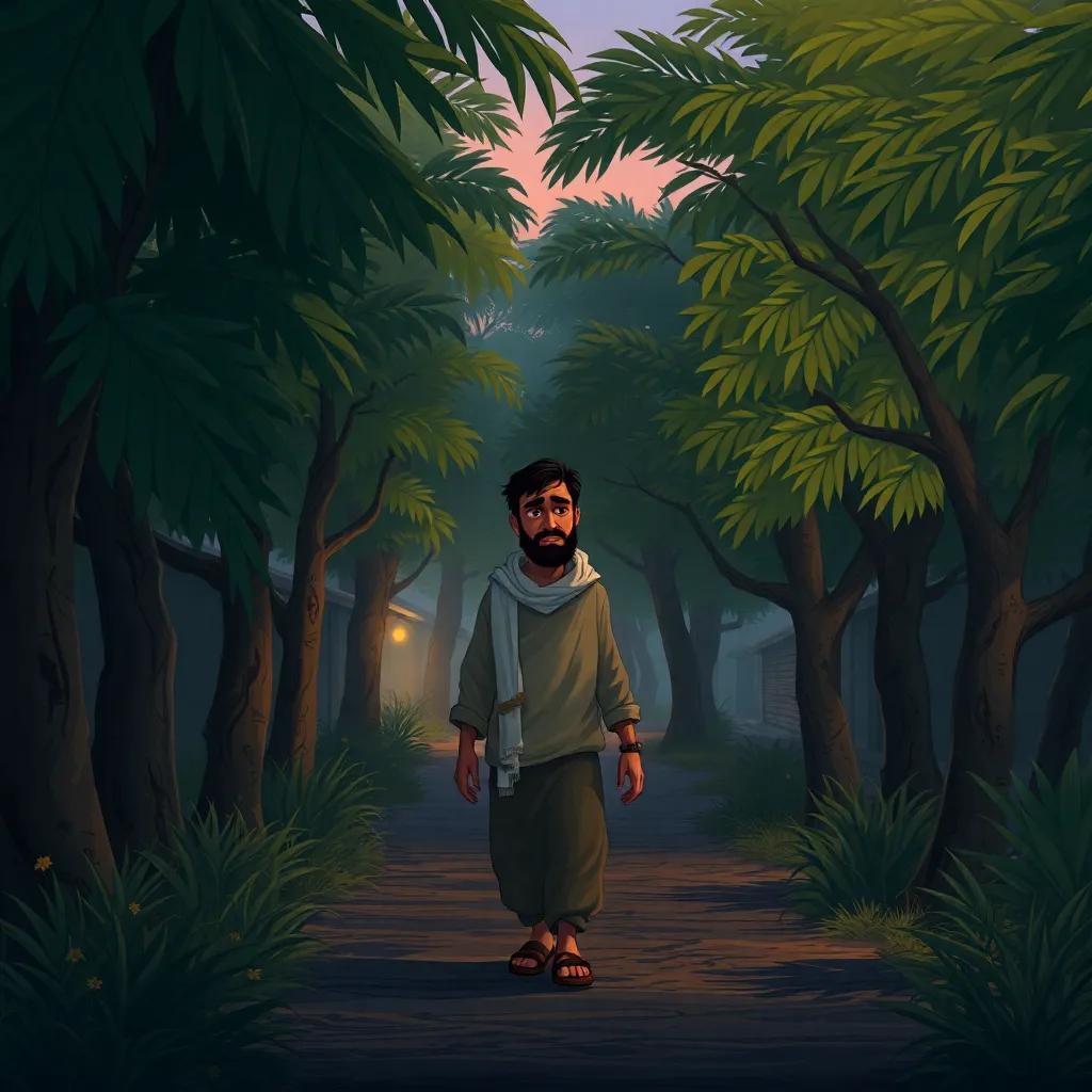 Osama walking through dense trees in a village, talking to himself nervously, worried expression, dusk setting, shadows looming, detailed illustration, feeling of suspense