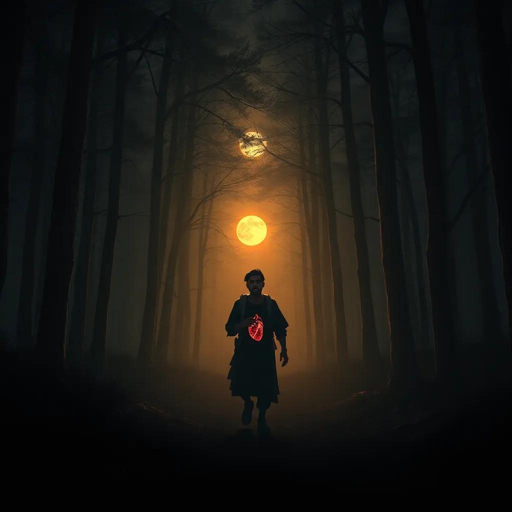 Osama's heart racing as he walks in the dark woods, anxious, shadows all around, warm light from the moon peeking through trees, realistic art, mood of fear
