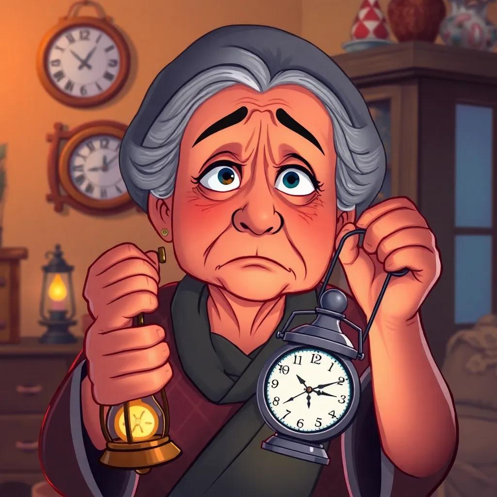 A worried grandmother looking at the clock, holding a lantern, concerned expression, home background, warm colors, detailed illustration, atmosphere of worry