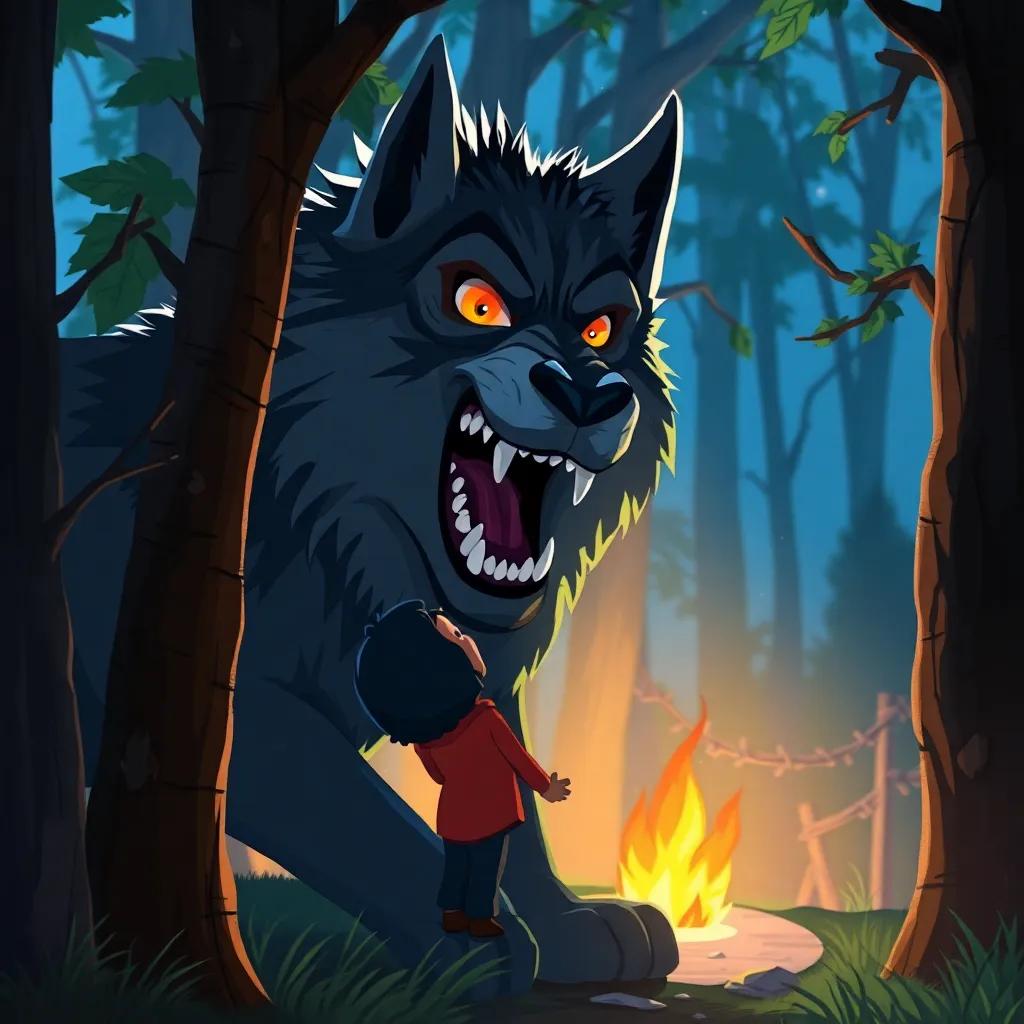 A scary wolf appearing from the trees as Osama screams for help, dramatic lighting, feeling of danger, vivid colors, detailed illustration of the scene