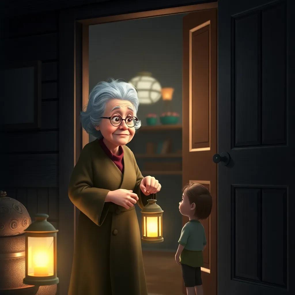 The grandmother standing at the door with a lantern, concerned for her grandson, homey background, dramatic lighting, feeling of love and protection, high resolution digital art