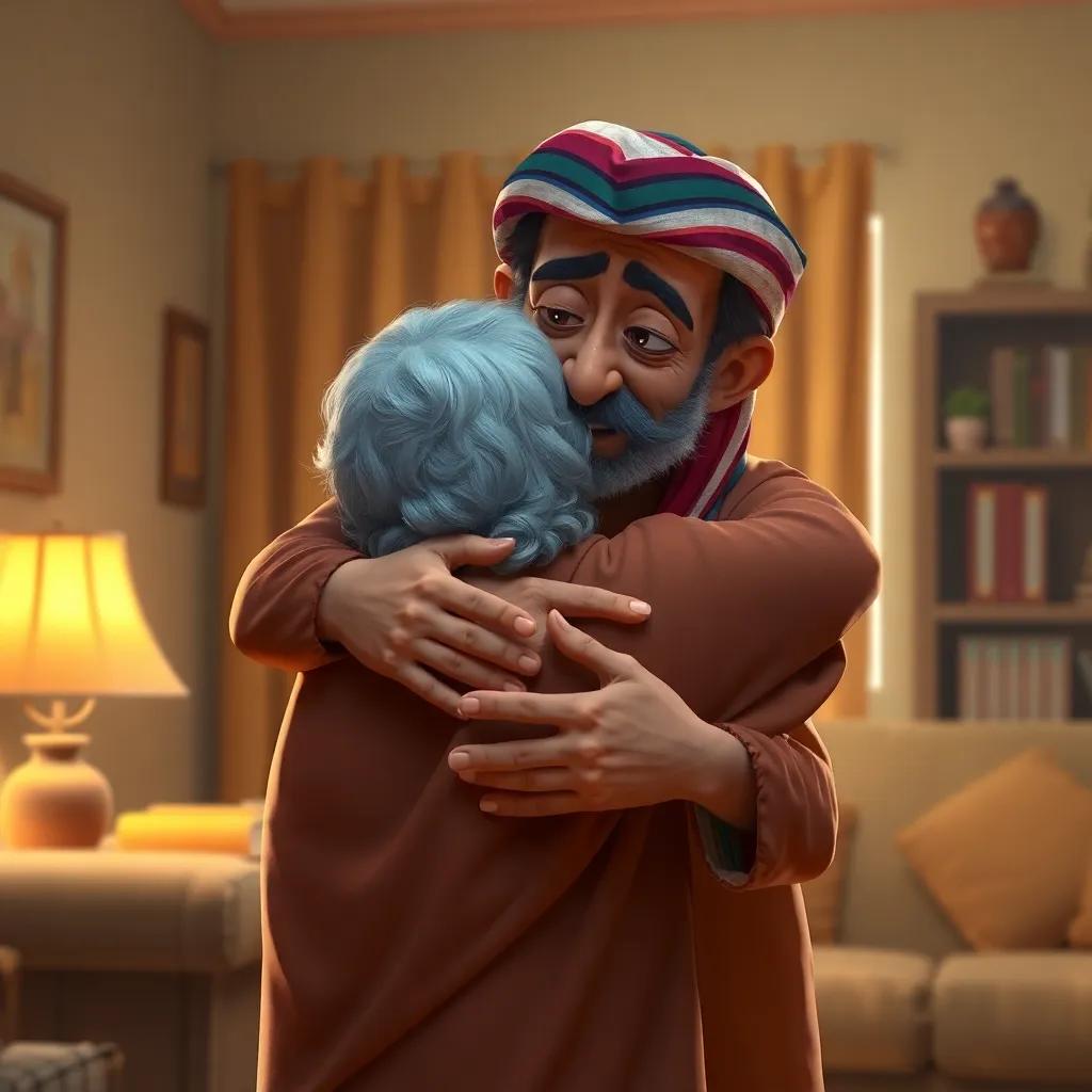 Osama arriving at his grandmother, embracing her with tears in his eyes, home interior, warm and inviting colors, emotional scene, high quality