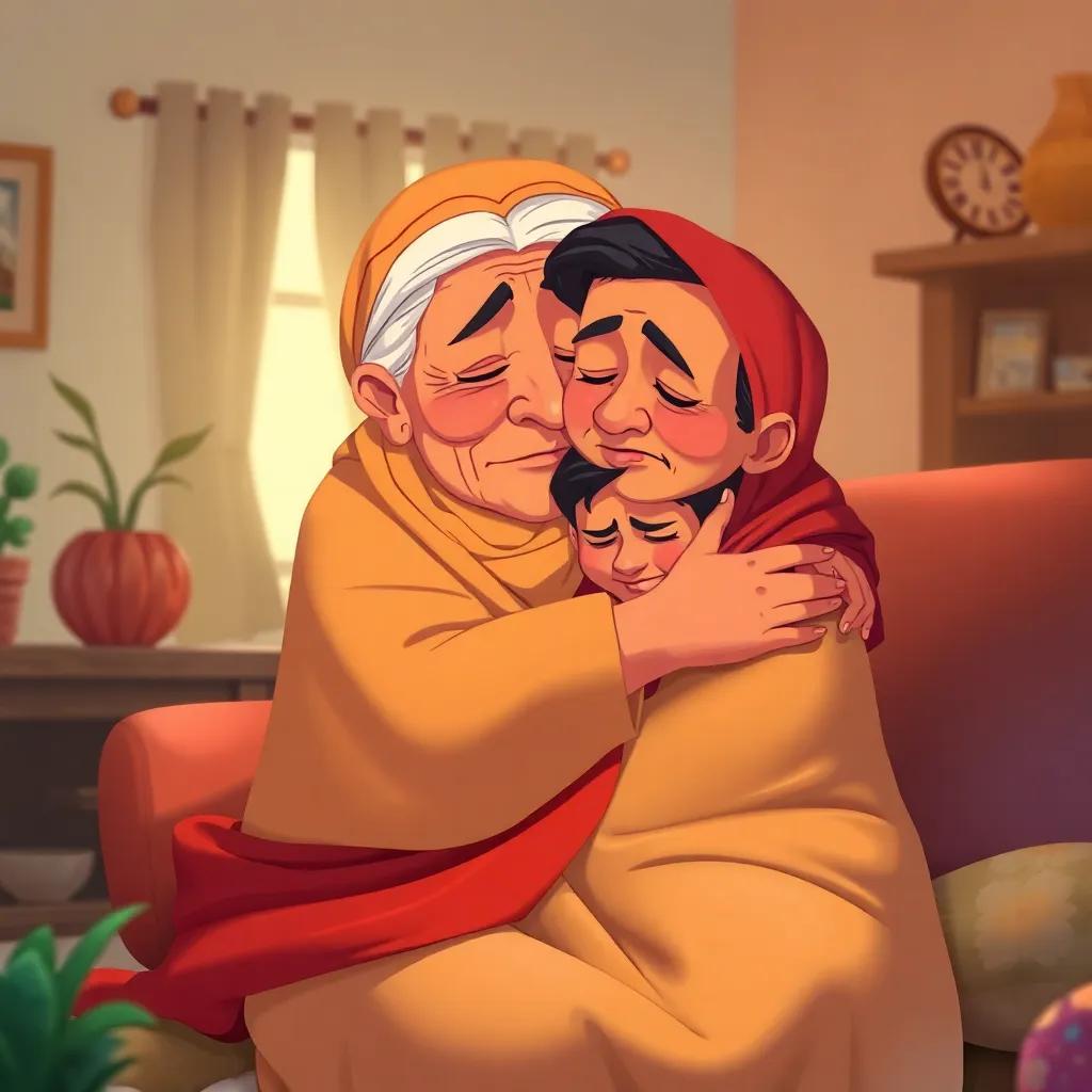 The grandmother hugging Osama tightly, calming him down in their cozy home, warm colors, safe environment, overwhelming feelings of love, heartwarming illustration