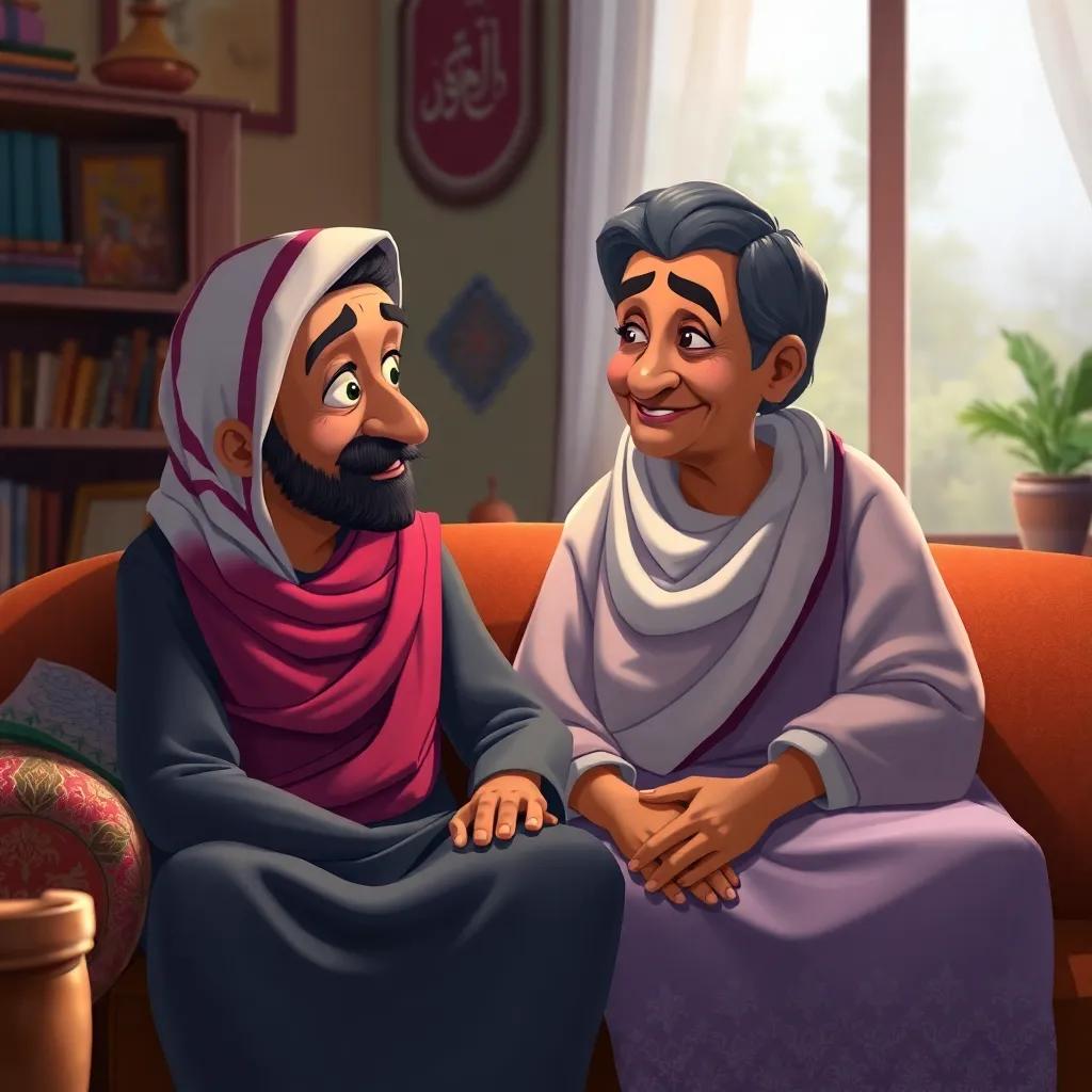 Osama and his grandmother sitting together, discussing the importance of listening to advice, cozy atmosphere, colorful interior, heartfelt moment, high detail illustration
