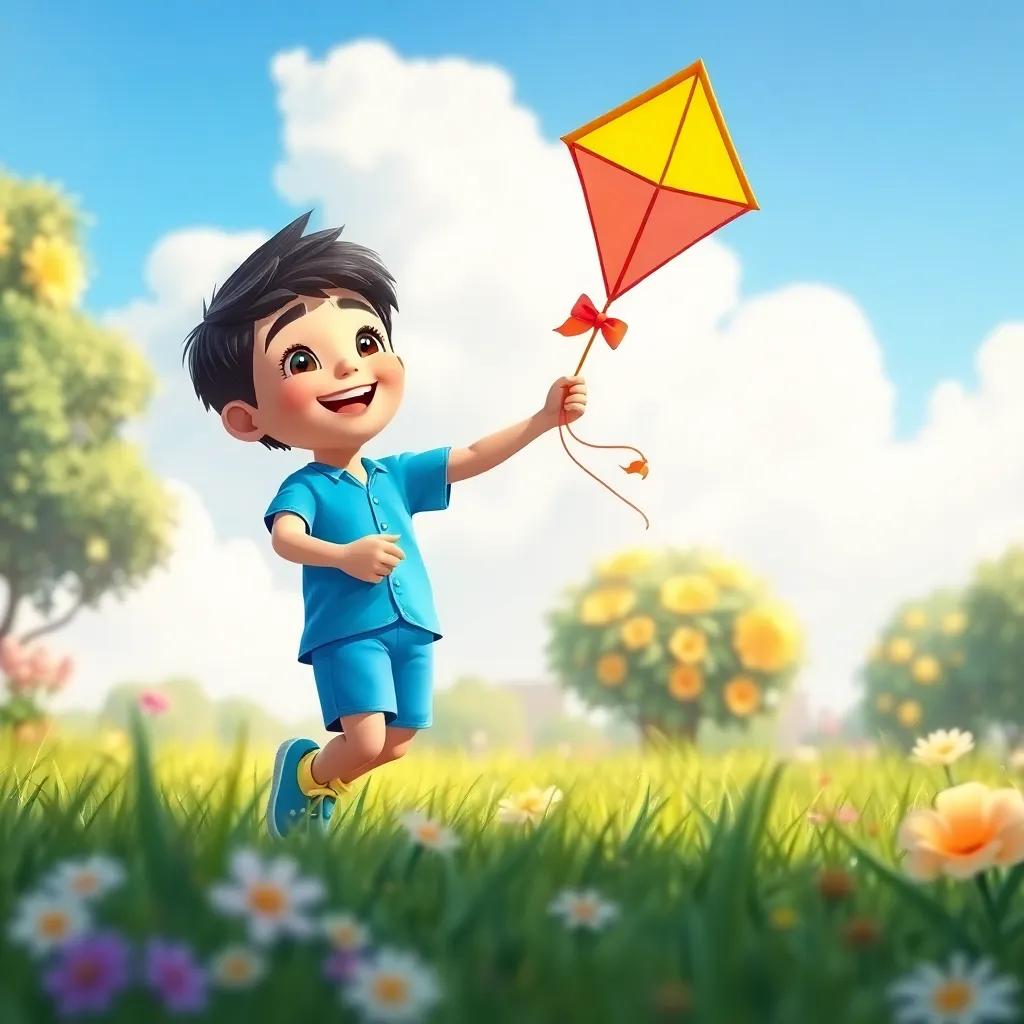 A cheerful boy, Osama, with short black hair, wearing a bright blue shirt and shorts, flying a colorful kite in a sunny garden filled with green grass and flowers, bright sky with fluffy clouds, joyful atmosphere, digital art, vibrant colors, child-friendly
