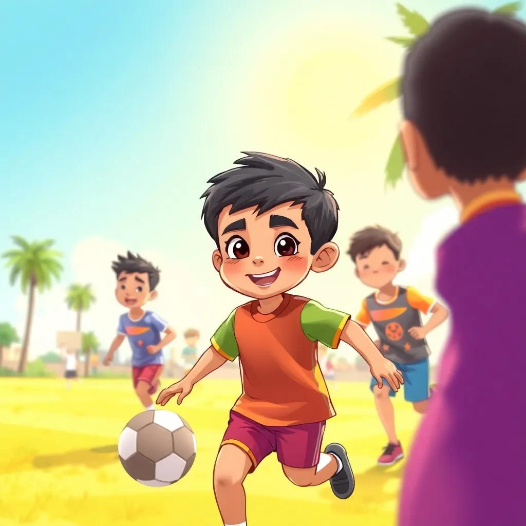 A young Arab boy, Osama, with short black hair, wearing a colorful sports outfit, playing soccer on a bright sunny day with friends, cheerful atmosphere, detailed digital art, vibrant colors, uplifting scene, high quality