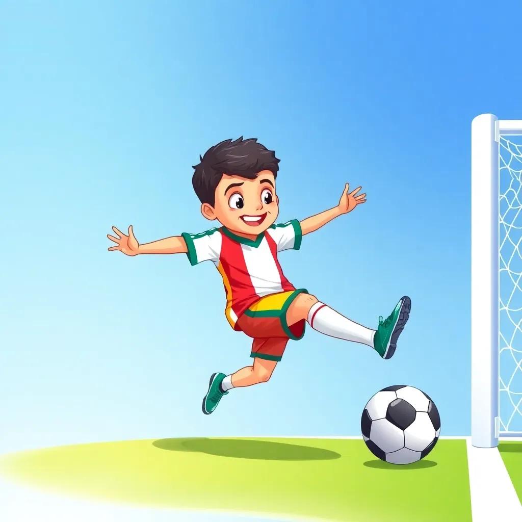 Osama, a young Arab boy in a colorful sports outfit, kicking a soccer ball with all his might from the halfway line, excitement in his eyes, blue sky, action shot, energetic, bright colors, high quality