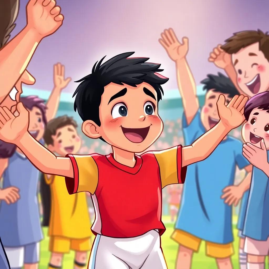 Osama, a young Arab boy with short black hair in a sports outfit, celebrating joyfully with friends after scoring a goal, surrounded by cheering teammates, colorful scene, heartwarming, warm light, high quality