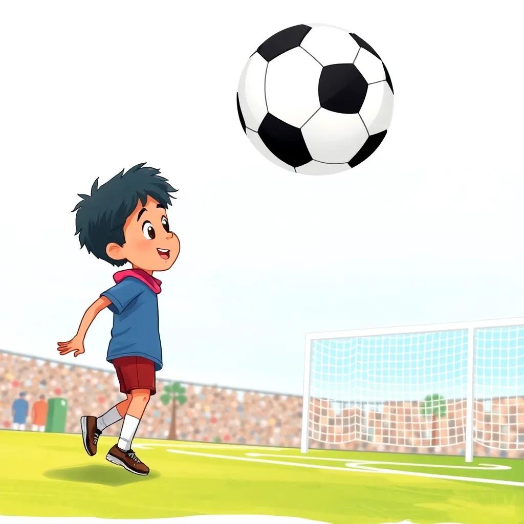 A soccer ball flying through the air toward the goal, with Osama, a young Arab boy watching in anticipation, expression of hope and excitement, sports field, bright colors, dynamic angle, high quality