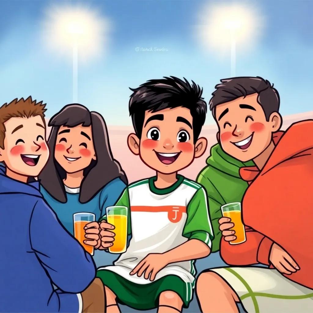 Osama, a young Arab boy with short black hair in a sports outfit, sitting with friends after the match, drinking juice and sharing stories about the game, happy and relaxed atmosphere, colorful scene, high quality