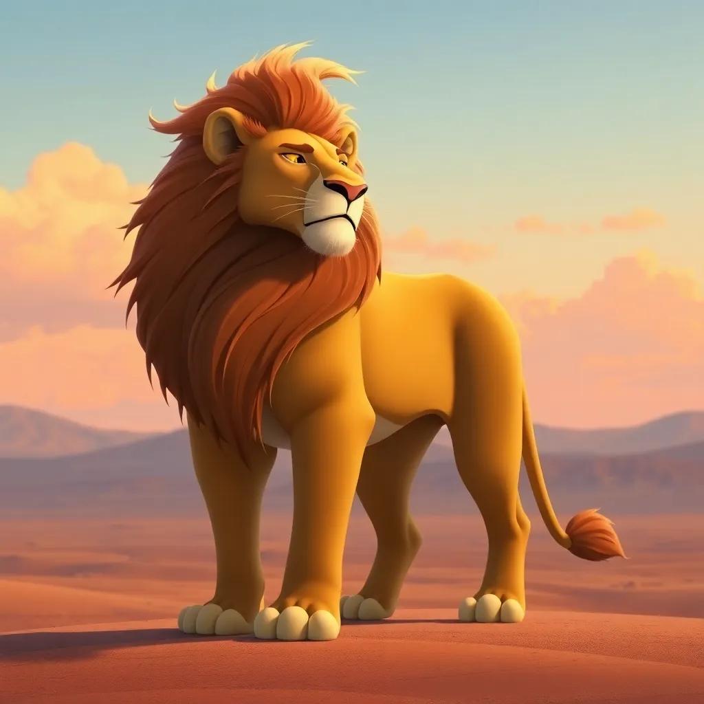 A brave lion named Leon standing tall in the vast desert, with his golden mane blowing in the wind, strong and regal, digital art, warm colors, majestic appearance, high quality