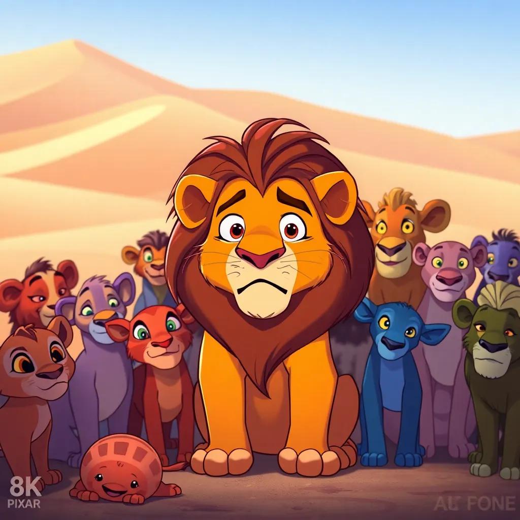 A group of wild animals gathered around Leon the lion, looking anxious, with sandy dunes in the background, illustration, vibrant colors, united and determined atmosphere, child-friendly