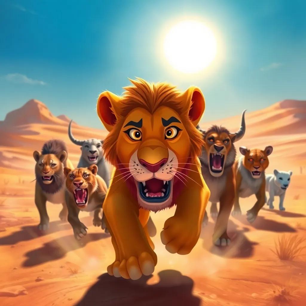 Lion Leon leading the charge against approaching hunters, a mix of animals behind him, all looking brave and ready, desert under a bright sun, digital painting, dynamic perspective, action-packed, colorful