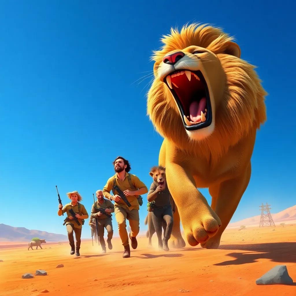 Hunters startled and running away from the lion and a group of animals, with Leon roaring defiantly, desert landscape, bright blue sky, digital art, dramatic scene, powerful